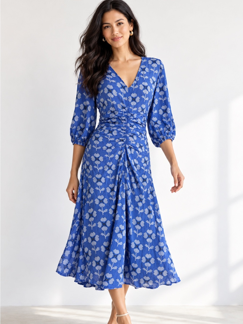 The Tiny Big Sister Blue Floral Ruched Draped Midi Dress Size 38 US 6